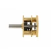 Precision brass micro spur gearbox side view showing multi-stage reduction gears and stainless steel output shaft