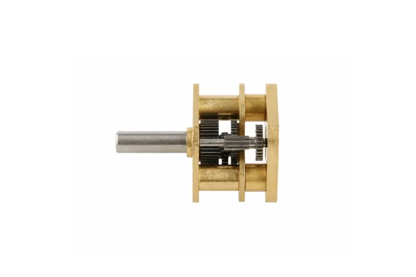 Precision brass micro spur gearbox side view showing multi-stage reduction gears and stainless steel output shaft