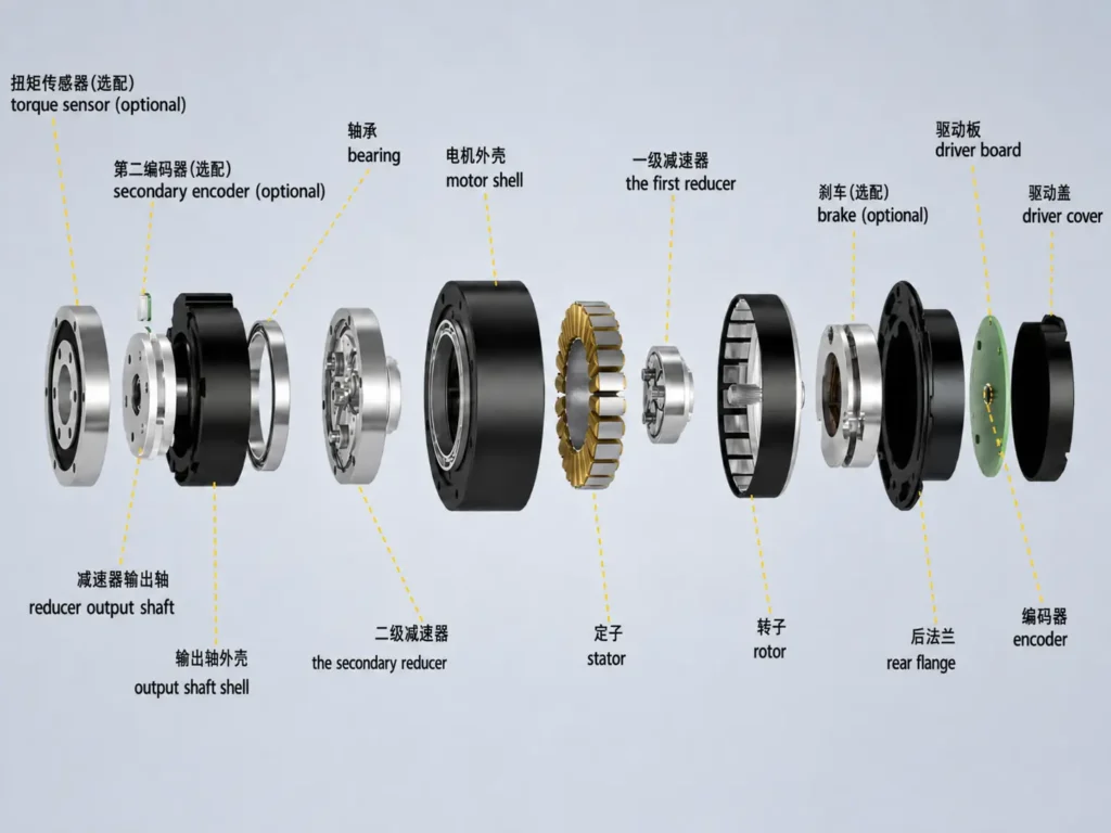 Exploded view of a robot joint actuator with labeled components, including torque sensor, encoder, bearing, motor shell, stator, rotor, reducer, driver board and rear flange