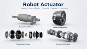 Robot actuator featured image showing coreless geared motor, cycloidal joint module, planetary joint module, and harmonic joint module