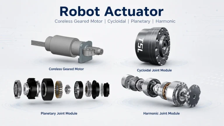 Robot actuator featured image showing coreless geared motor, cycloidal joint module, planetary joint module, and harmonic joint module
