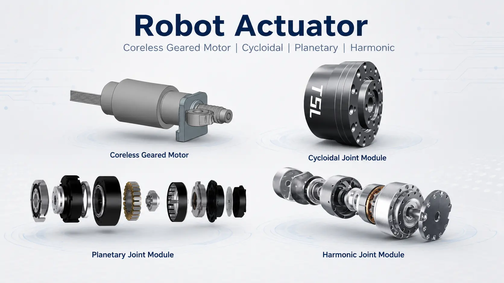 Robot actuator featured image showing coreless geared motor, cycloidal joint module, planetary joint module, and harmonic joint module