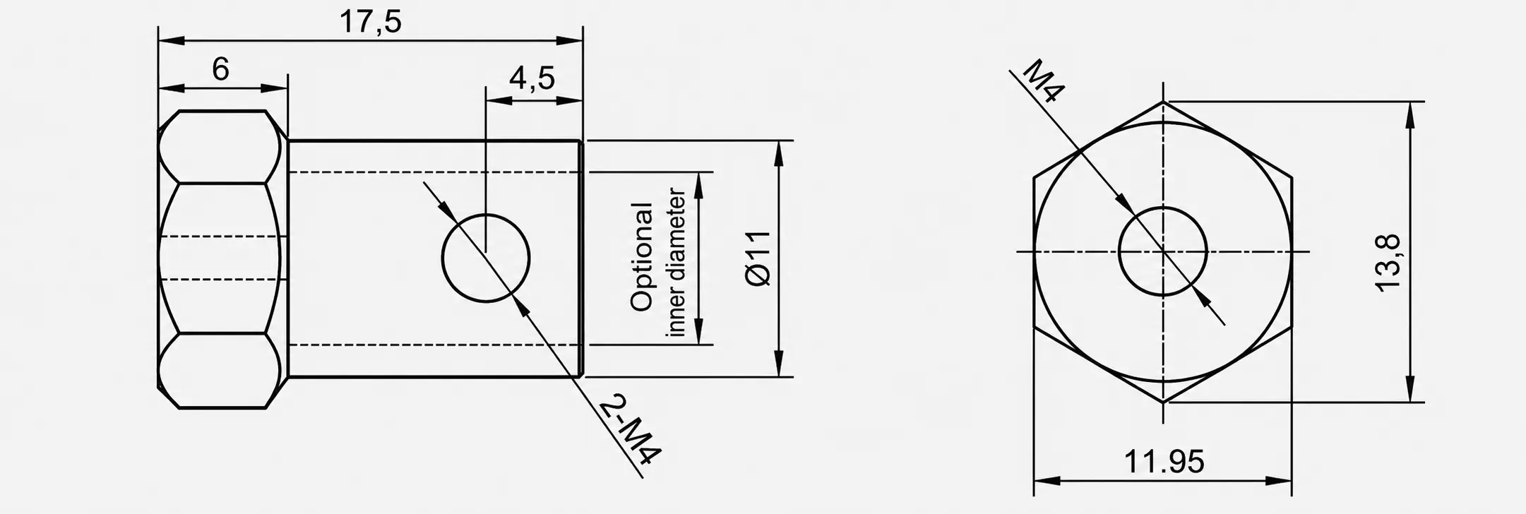 CNC machined set screw fixed hex coupling drawing with optional inner diameter