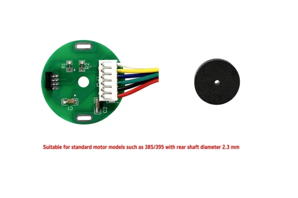 Single Hall-effect magnetic incremental encoder PCB board with 6-pin wire harness and a magnetic ring disc for 385 and 395 DC motors