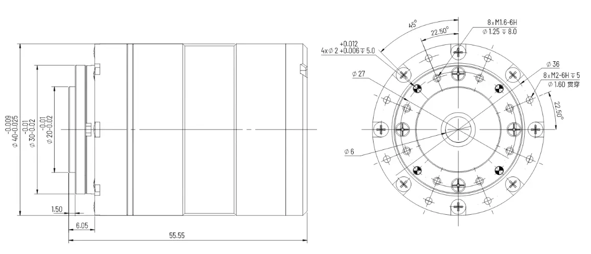 2D technical drawing and engineering blueprint of the TSL-CRA-TA40 humanoid robot actuator rotary joint