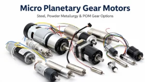 TSL MOTOR 6mm to 60mm micro planetary gear motors lineup featuring steel, powder metallurgy, and POM plastic gear options