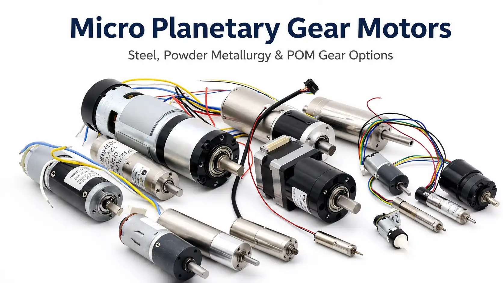TSL MOTOR 6mm to 60mm micro planetary gear motors lineup featuring steel, powder metallurgy, and POM plastic gear options