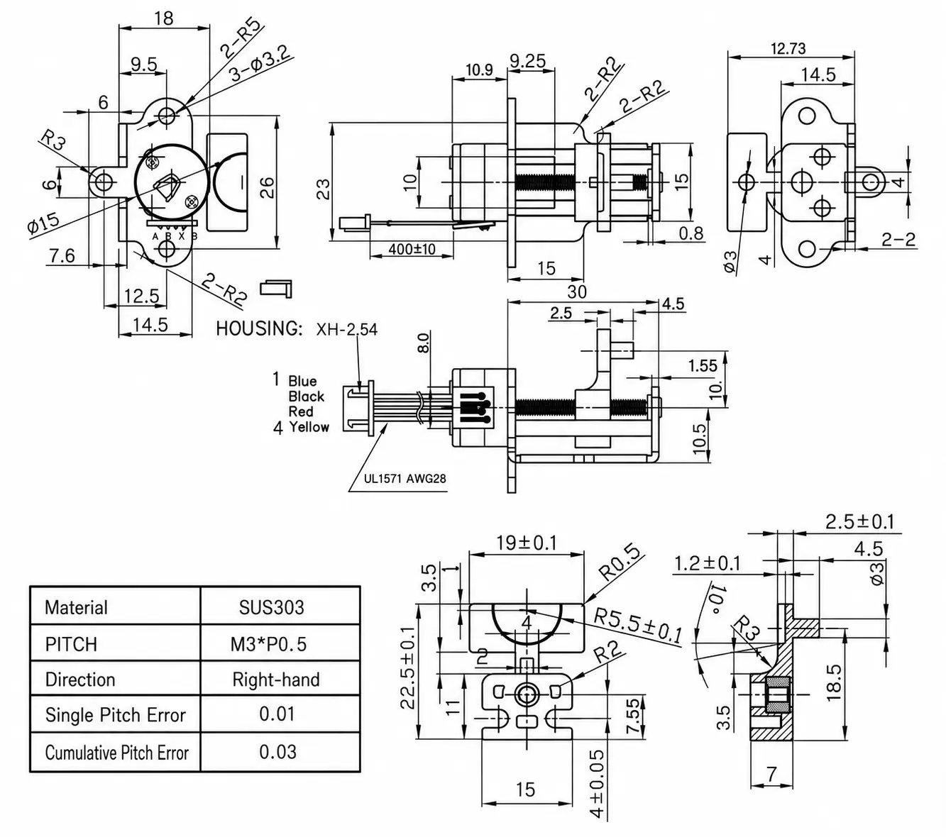 Technical engineering CAD drawing and mechanical dimensions for TSL-SM1519 micro linear actuator