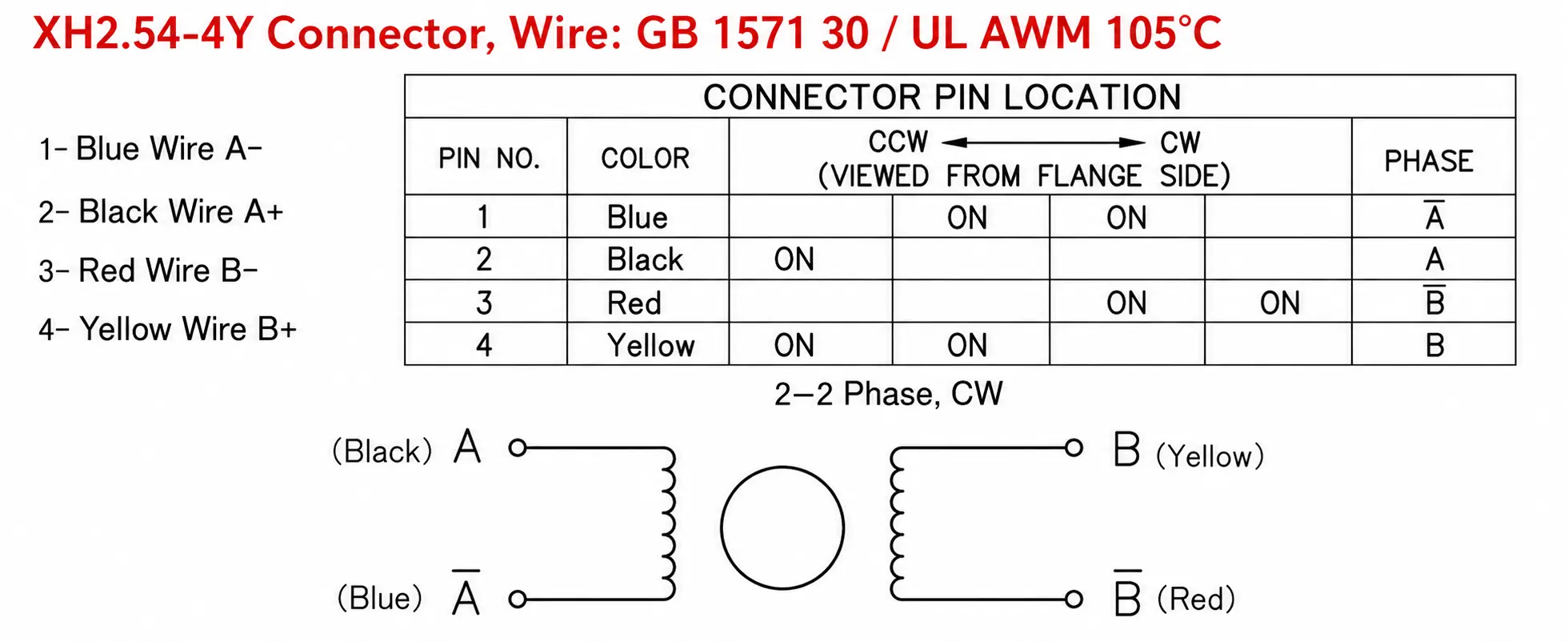 Wiring pinout diagram and 2-2 phase excitation sequence chart for XH2.54 connector stepper motor