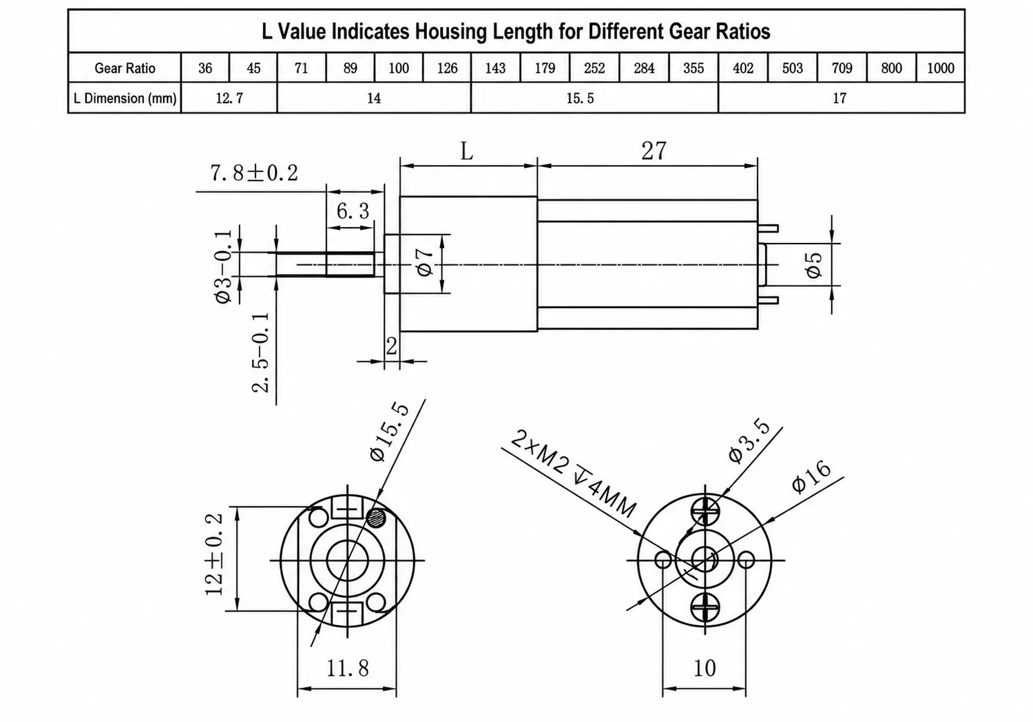 Mechanical dimensional drawing of the 050 gear motor and 16mm gearbox.