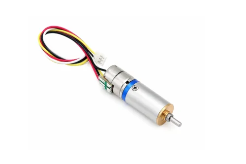 10mm micro planetary geared stepper motor Top-angle view of a 10mm mini geared stepper motor with pre-wired connector