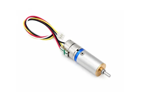 Top-angle view of a 10mm mini geared stepper motor with pre-wired connector