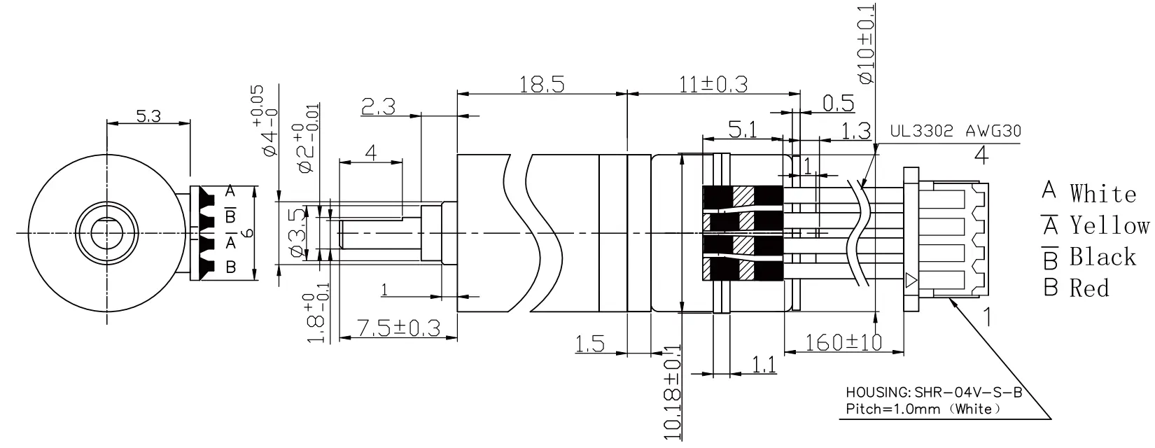 Technical engineering drawing and pinout schematic for 10mm mini geared stepper motor