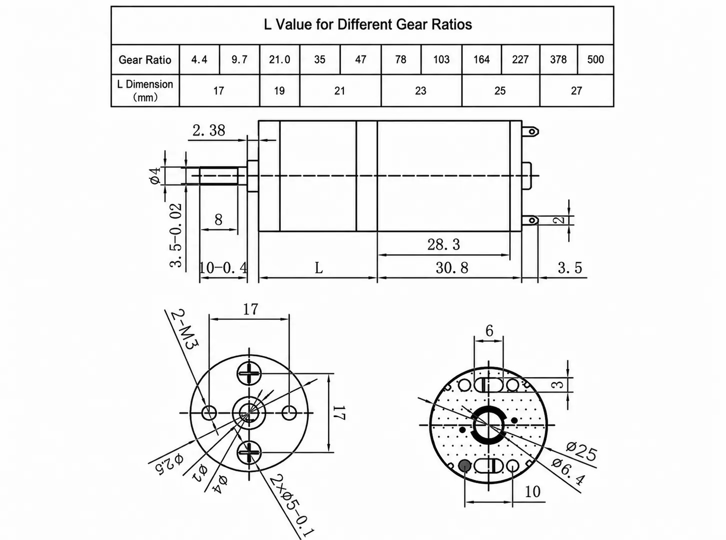 370 gear motor 25mm dc mechanical drawing Technical dimension drawing of 370 DC gear motor with 25mm spur gearbox