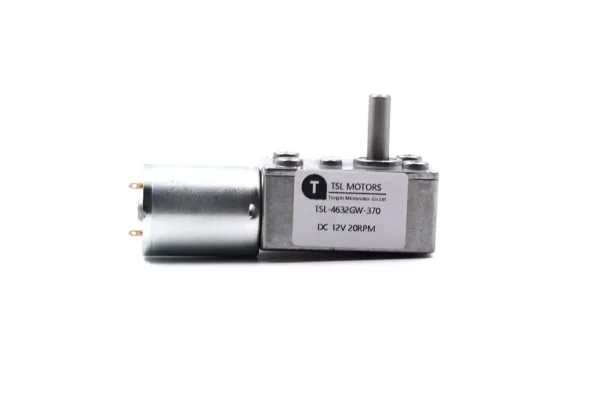Full side view of TSL-4632GW-370 right angle DC gear motor with specification sticker