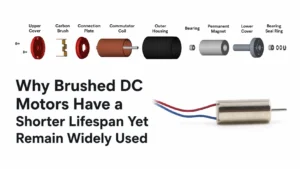 Exploded brushed DC motor and miniature motor illustrating brushed DC motor lifespan