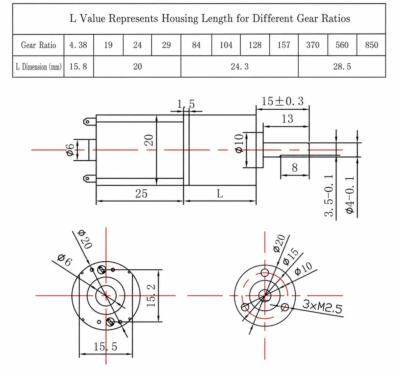 Technical dimension drawing and ratio table for DC planetary geared electric motor