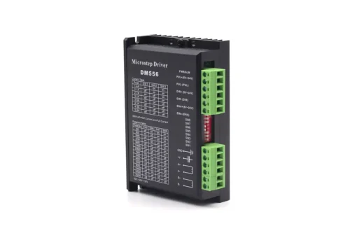 DM556 stepper motor driver front angle view with green terminal blocks