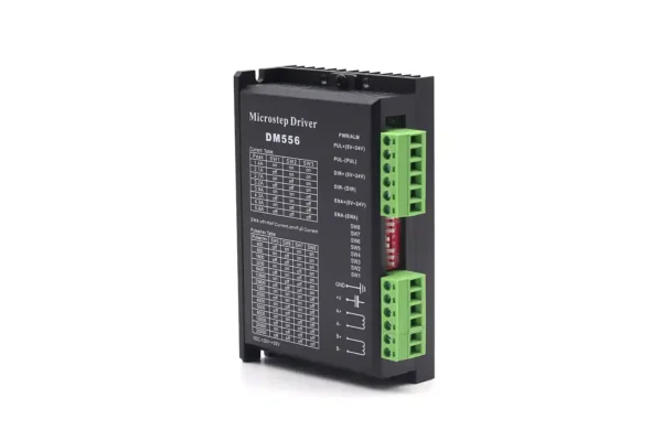DM556 stepper motor driver front angle view with green terminal blocks