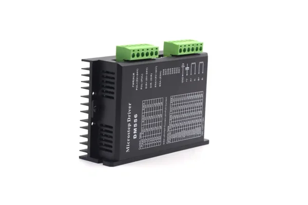 DM556 stepper motor driver rear angle view with terminal blocks and aluminum heatsink