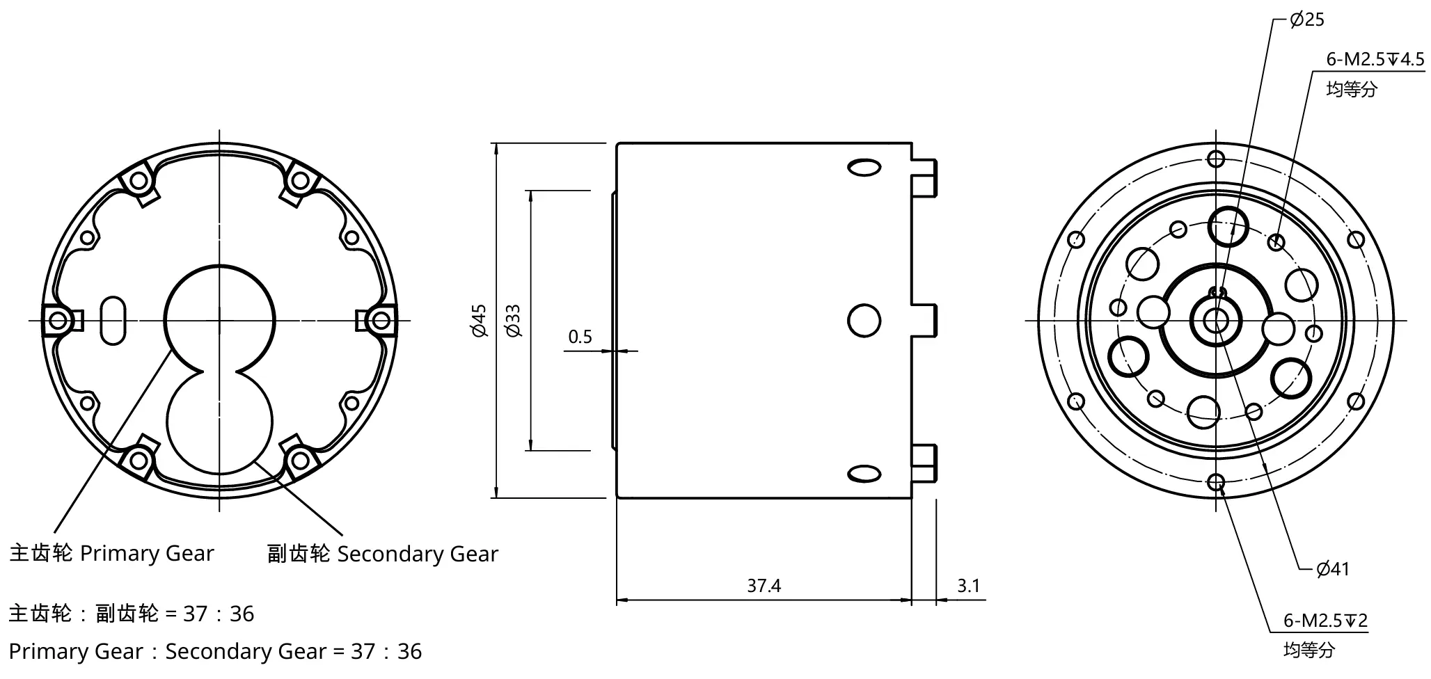 2D mechanical dimension drawing for GIM3505-36 robot joint motor
