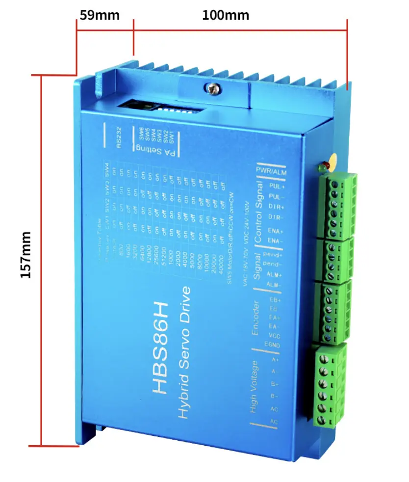 Mechanical dimensions diagram of HBS86H closed loop stepper motor driver showing 157mm height, 100mm width, and 59mm depth
