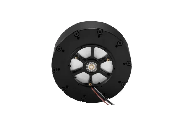Rear view of integrated joint motor actuator showing wiring harness and mounting structure
