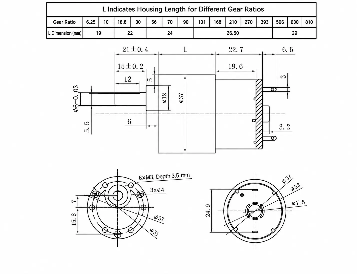 Technical dimension schematic and gear ratio table for JGB37 520 DC motor