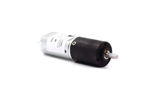 low speed high torque dc motor tsl 20gay 180 perspective TSL-20GAY-180 low speed high torque DC motor angled view showing D-cut output shaft and black planetary gearbox