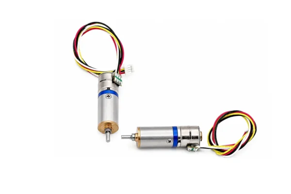 Two 10mm micro planetary geared stepper motors shown in vertical and horizontal orientations
