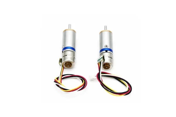 Rear view of two 10mm mini geared stepper motors displaying end caps and soldered wiring
