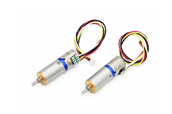 Pair of 10mm mini geared stepper motors with brass shaft collar and pre-attached lead wires
