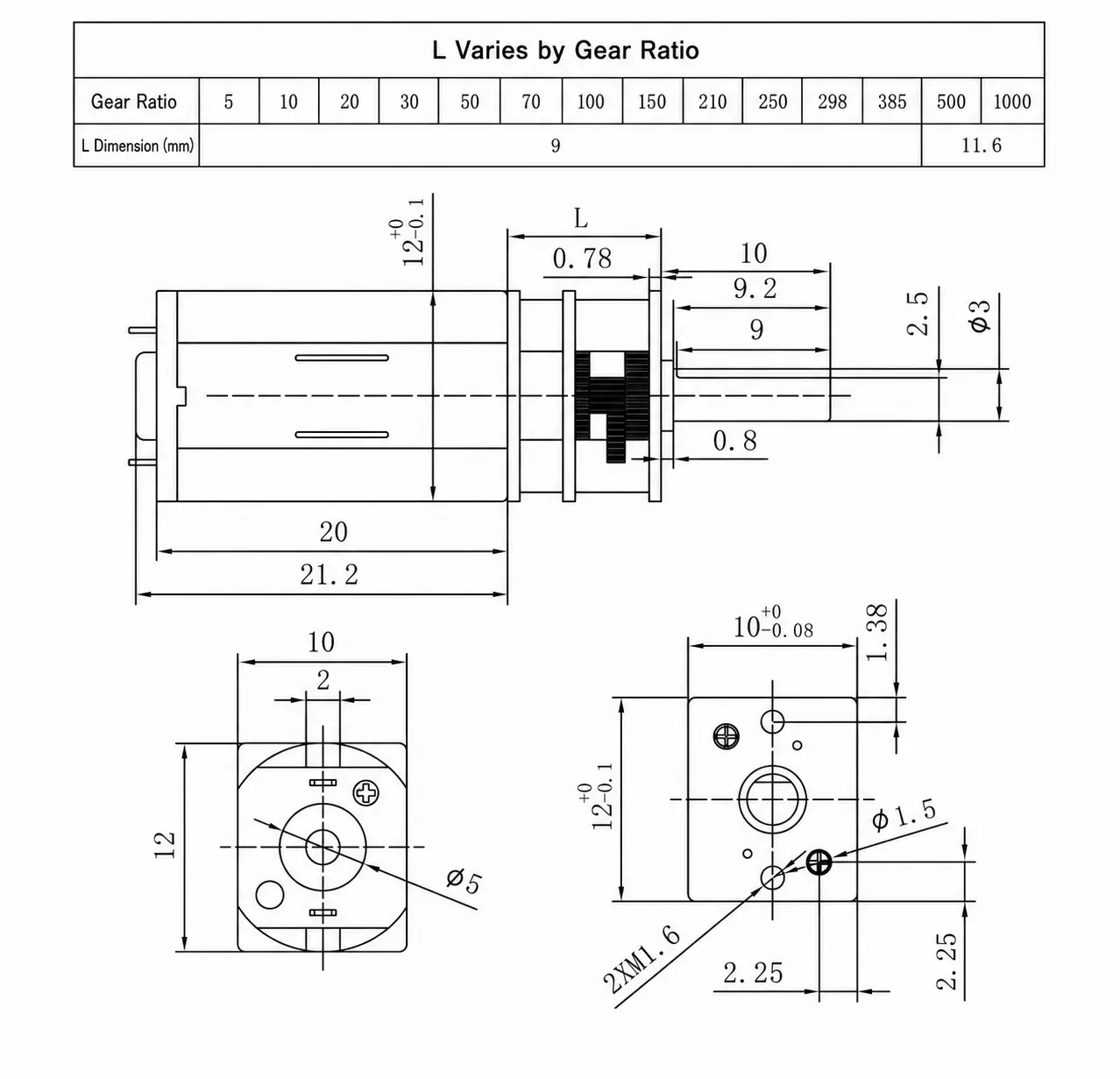 Technical dimension schematic drawing for N30 12mm micro DC gear motor