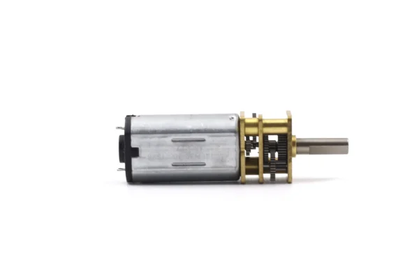 Side view of N30 micro geared DC motor showing spur gear reduction assembly