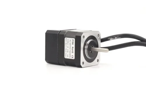 NEMA 17 stepper motor with integrated encoder showing front shaft and specs label