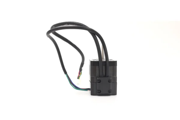 NEMA 17 closed loop stepper motor standing upright with motor lead wires and encoder cable