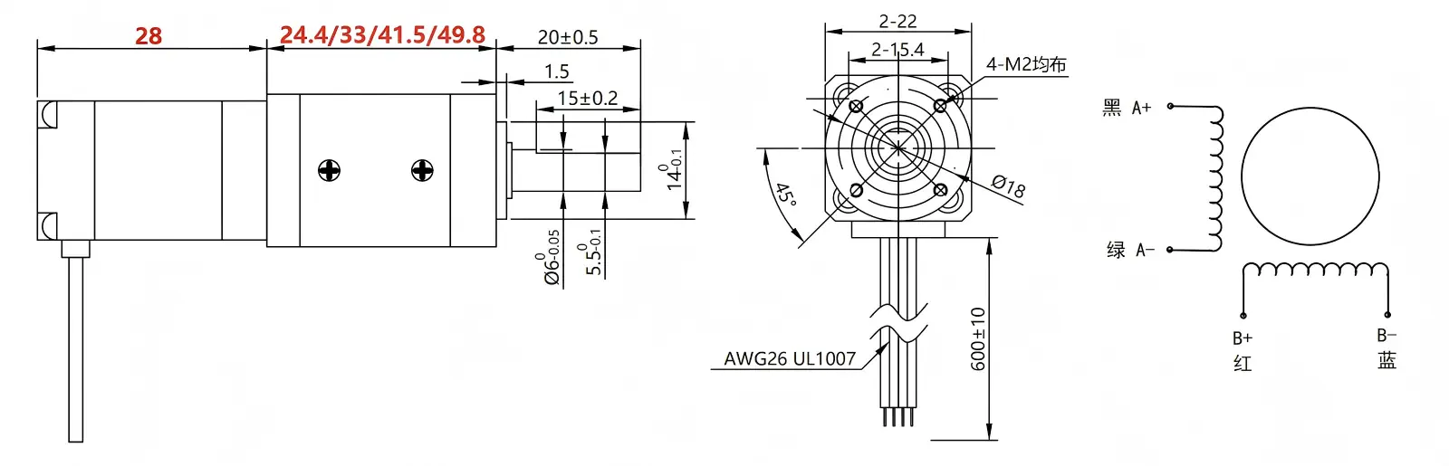 2D mechanical CAD drawing and 4-wire bipolar wiring schematic for NEMA 8 planetary stepper motor