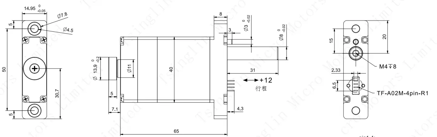 Technical dimensional drawing of SAG-1565 planetary roller screw actuator with pinout specs