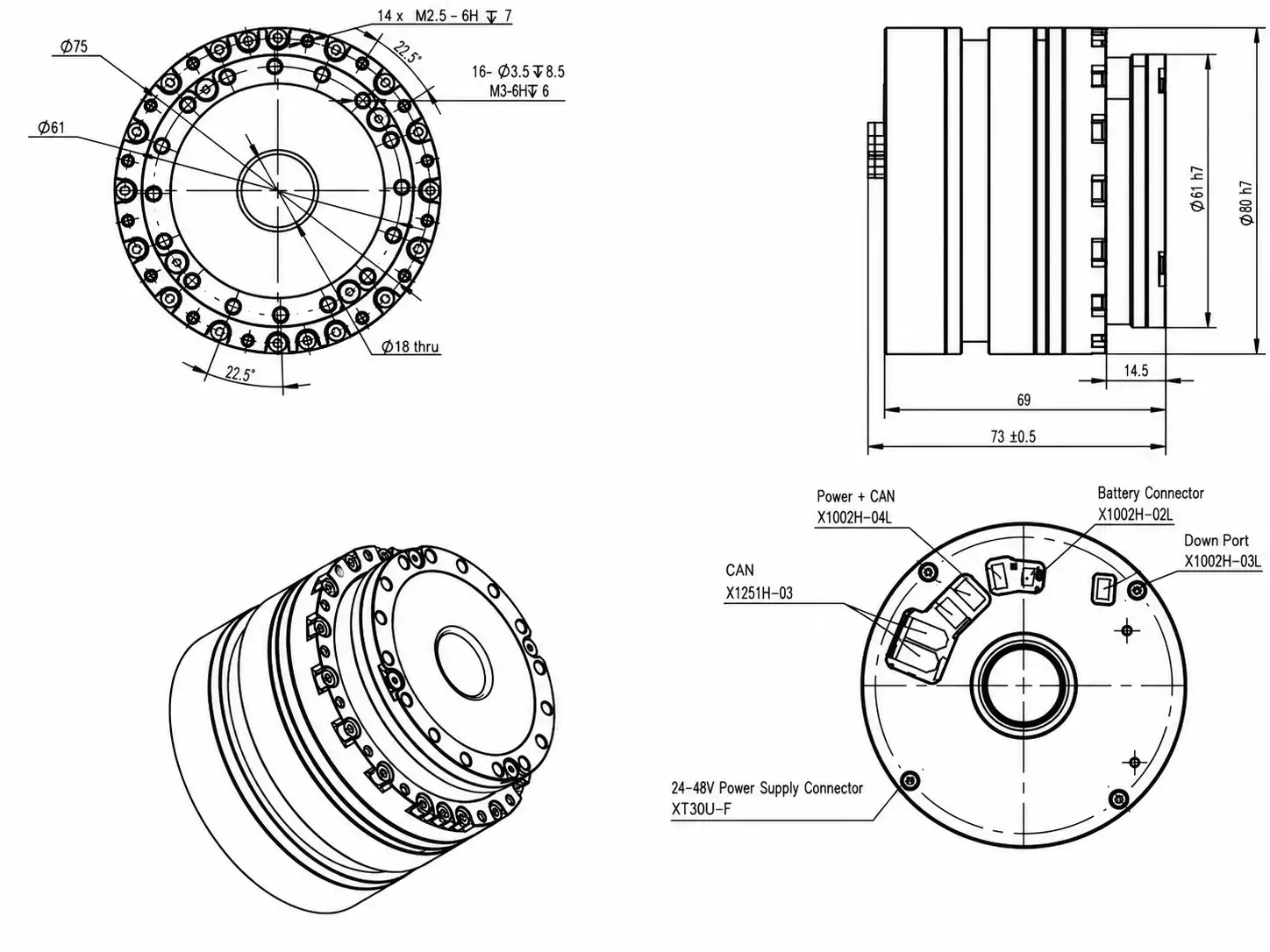 Dimensional drawing of TSL-CRA-RI70-80 robot joint motor without brake