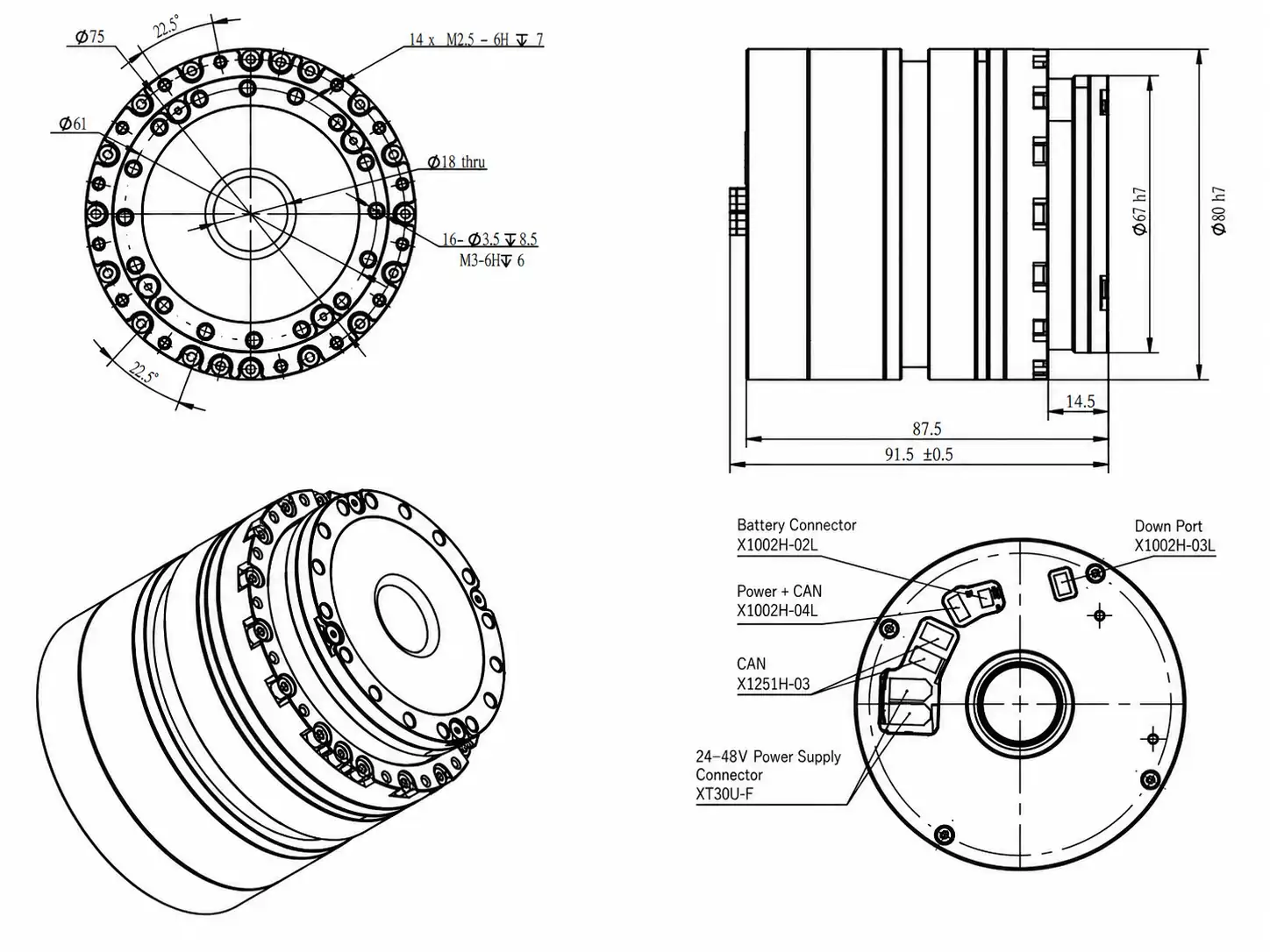 Mechanical dimension drawing of TSL-CRA-RI70-80 joint motor with brake