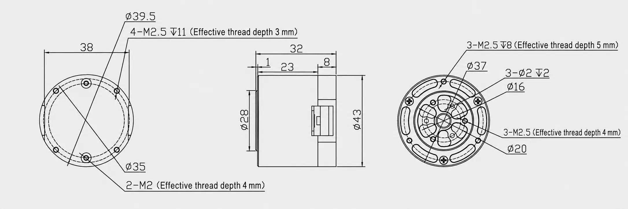 Mechanical dimension drawing for TSL-GIM3505-8 robot dog actuator