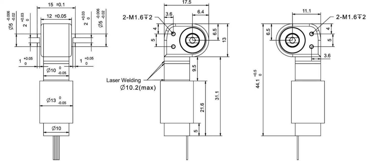Mechanical CAD drawing detailing 44.1mm overall length, 13mm diameter, and M1.6 mounting pattern