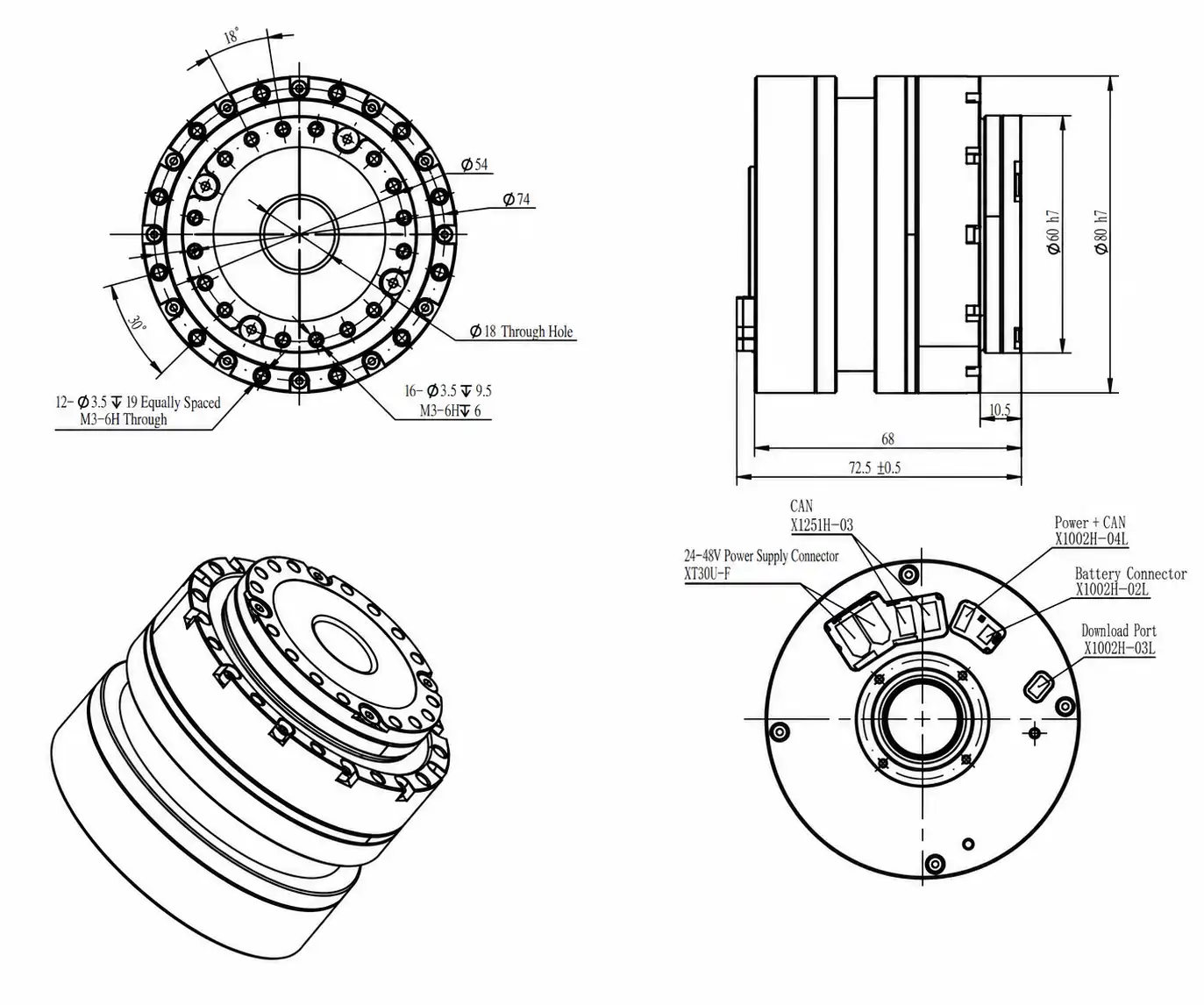 Mechanical dimensional drawing of TSL-CRA-RI60-80 robot joint motor without brake