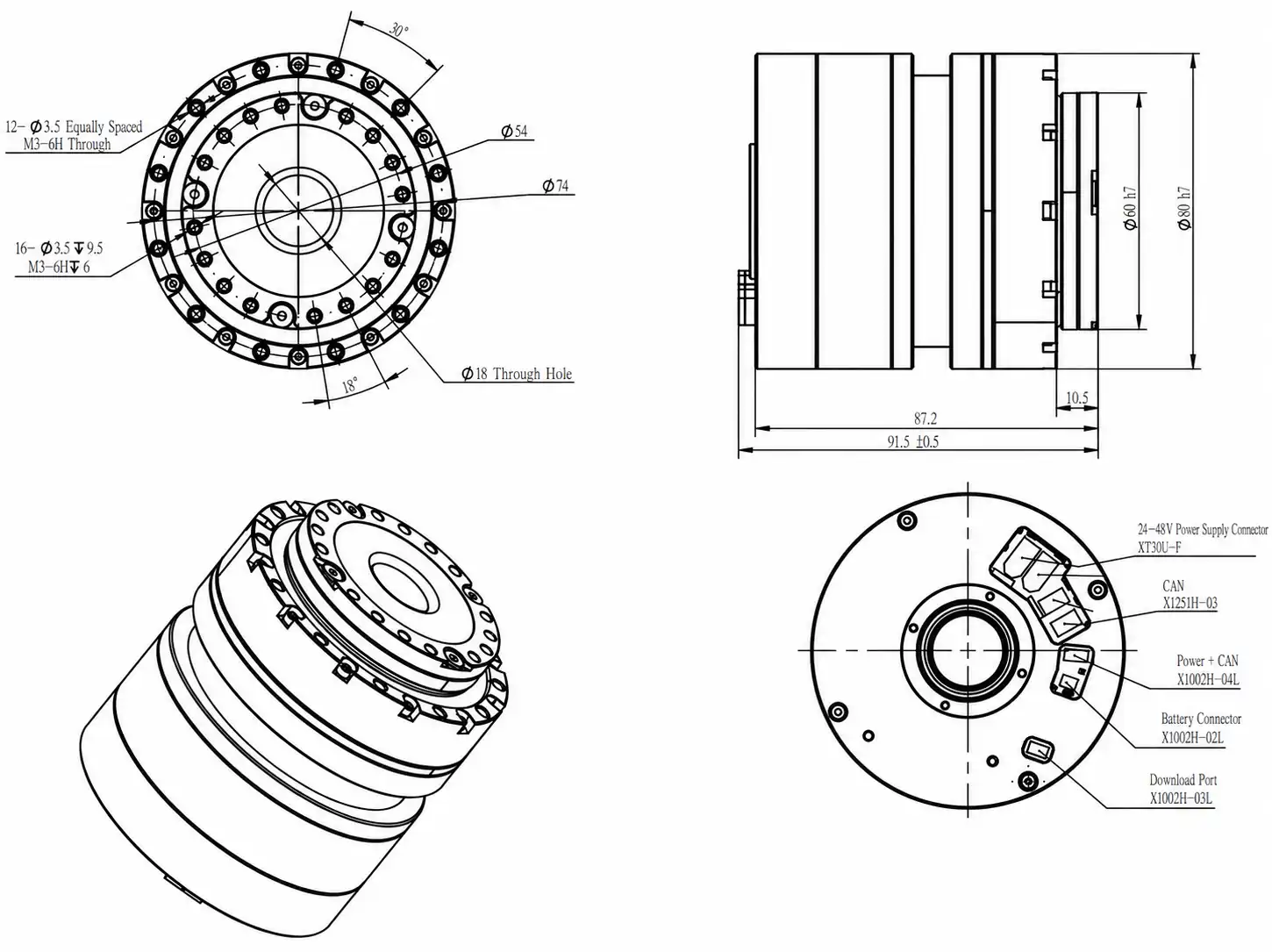Mechanical dimensional drawing of TSL-CRA-RI60-80 robot joint motor with integrated brake