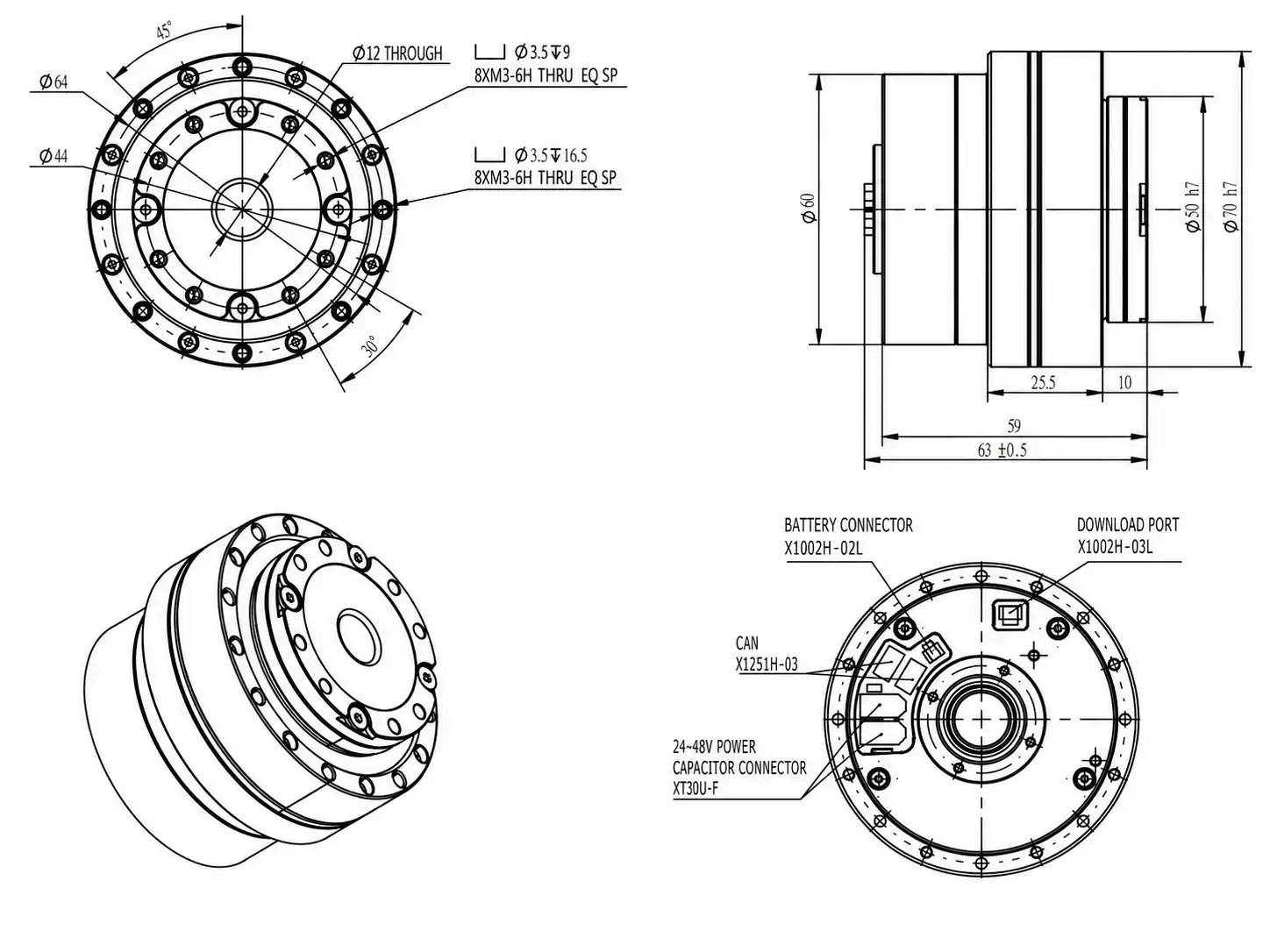 Mechanical CAD dimensional drawing of robot servo motor without brake