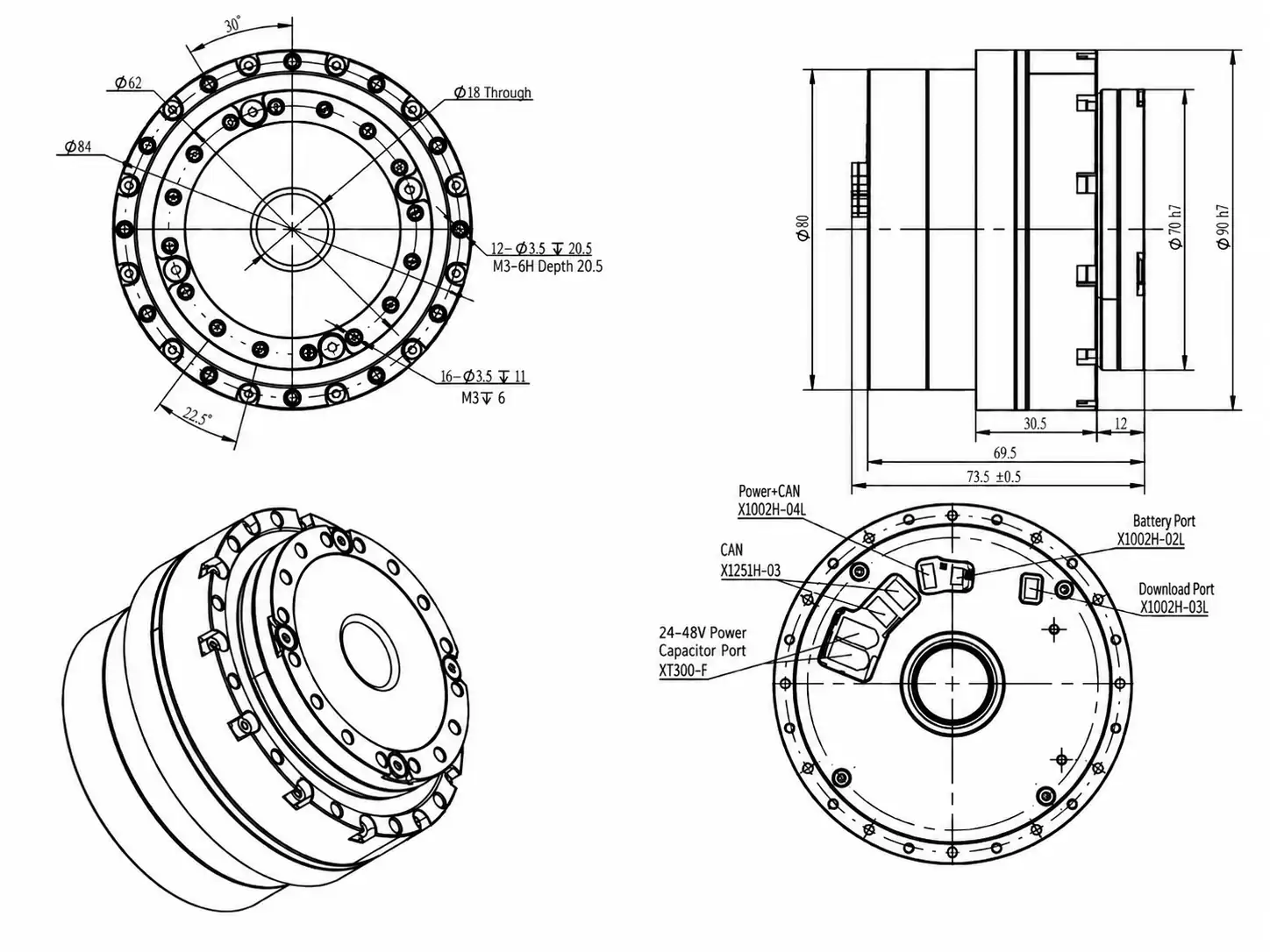 Mechanical dimension CAD drawing of robotic arm servo motor without brake