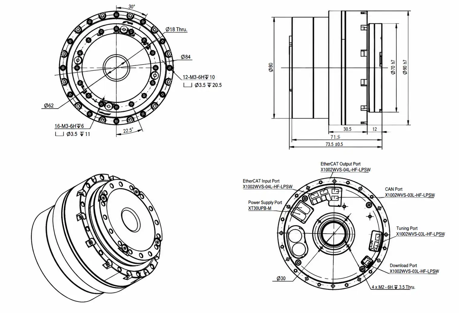 Robotic Arm Servo Motor with Dual Encoder and Hollow Shaft - 73.5mm Non-Brake Model Technical Drawing