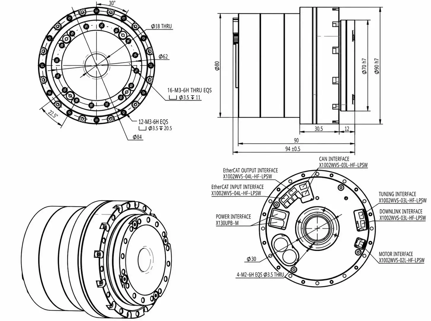 Robotic Arm Servo Motor with Dual Encoder and Holding Brake - 94mm Brake Version Mechanical Drawing
