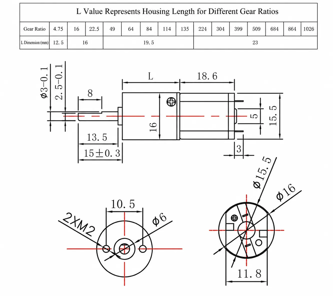 Dimensional engineering drawing for 16GAY-030 small DC planetary gear motor