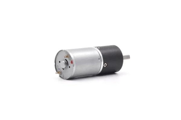 Rear view of 24GAY-370 brushed planetary gear motor showing electrical solder terminals